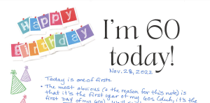 Screenshot of Suzy's letter headlined "I'm 60 today!"
